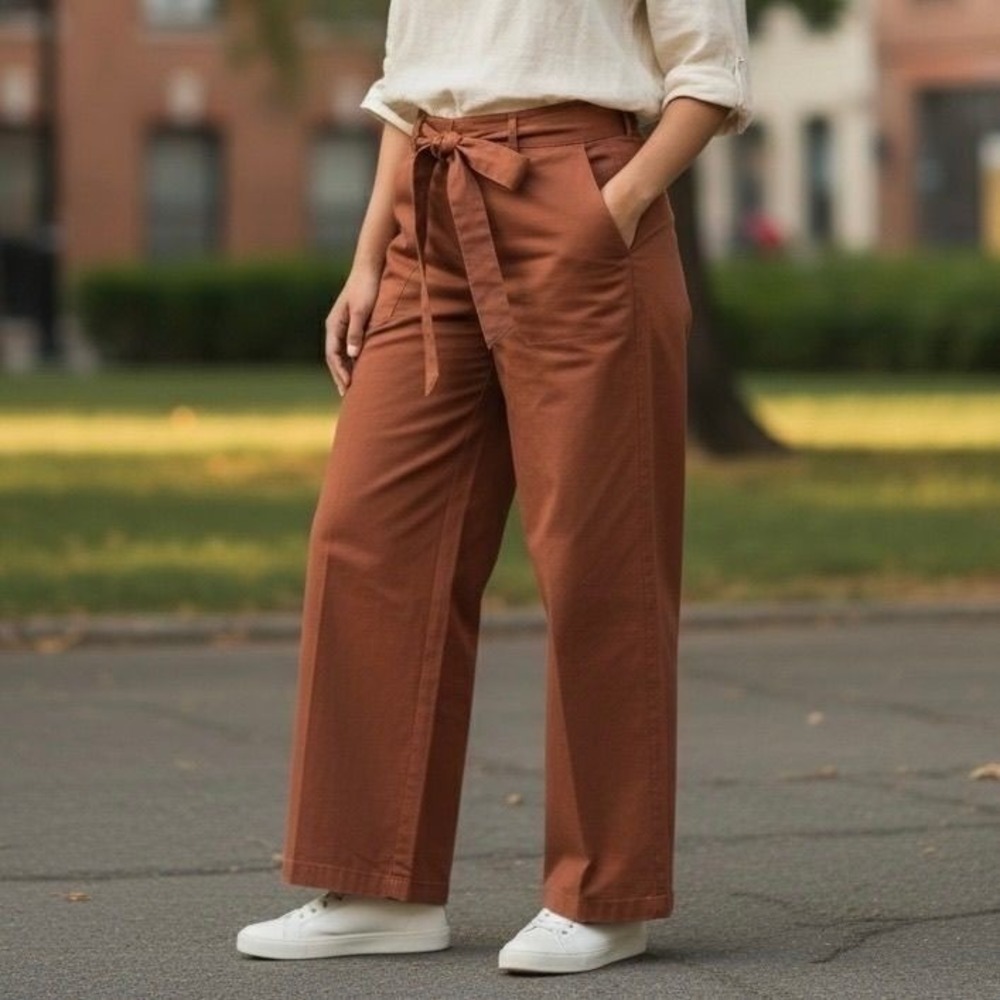 Me by Jennie Garth Wide Leg Belted Pants Womens Size M Brown High Waist Trousers